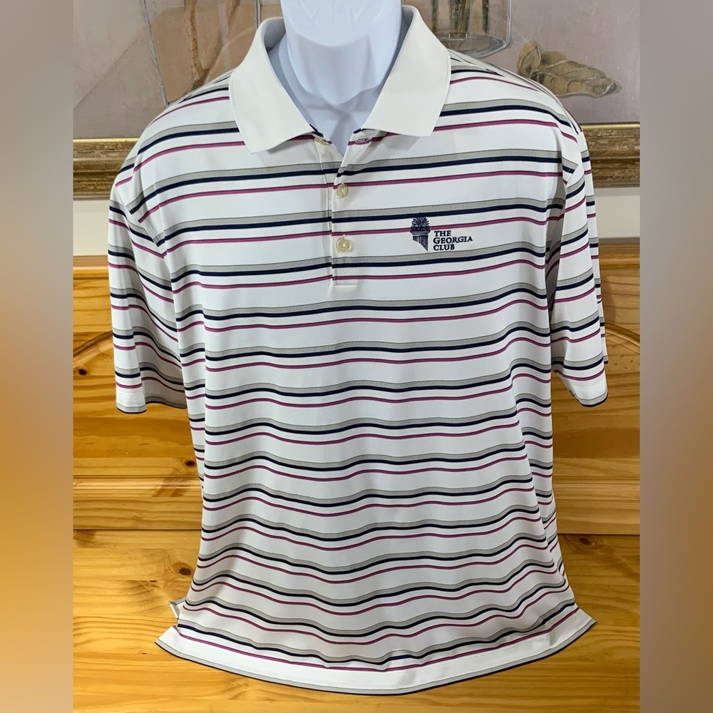 Nike Golf Men's Large Polo Shirt Short Sleeve Blue White Purple Striped  EUC